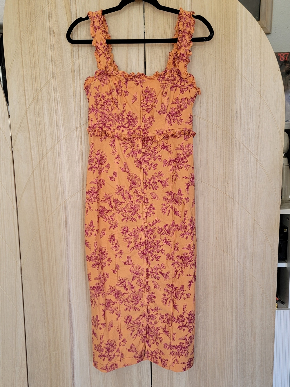 Anthropologie Orange Midi Dress with Pink Floral Print